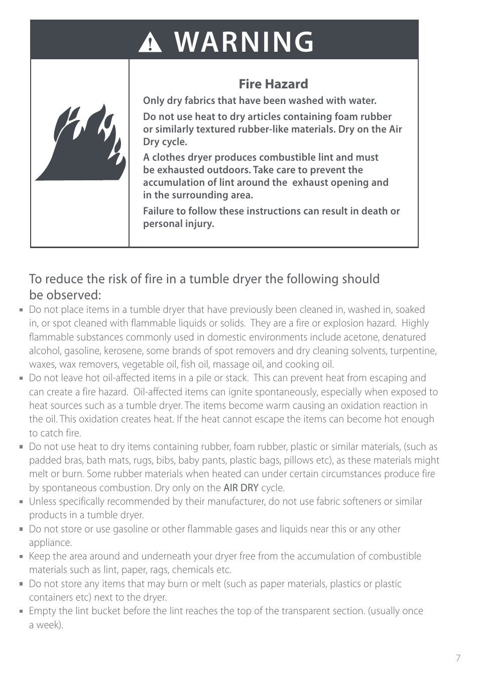 Warning, Fire hazard | Fisher & Paykel Intuitive DEIX1 User Manual | Page 7 / 32