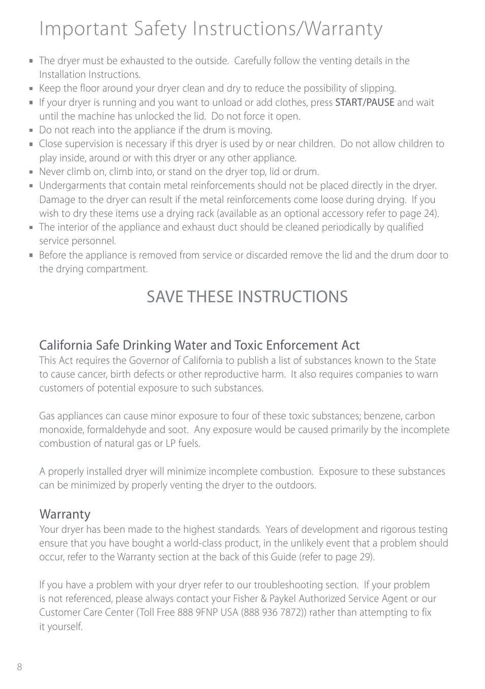 Dryer safety/warranty, Warranty, Important safety instructions/warranty | Save these instructions | Fisher & Paykel Intuitive DEIX1 User Manual | Page 8 / 32