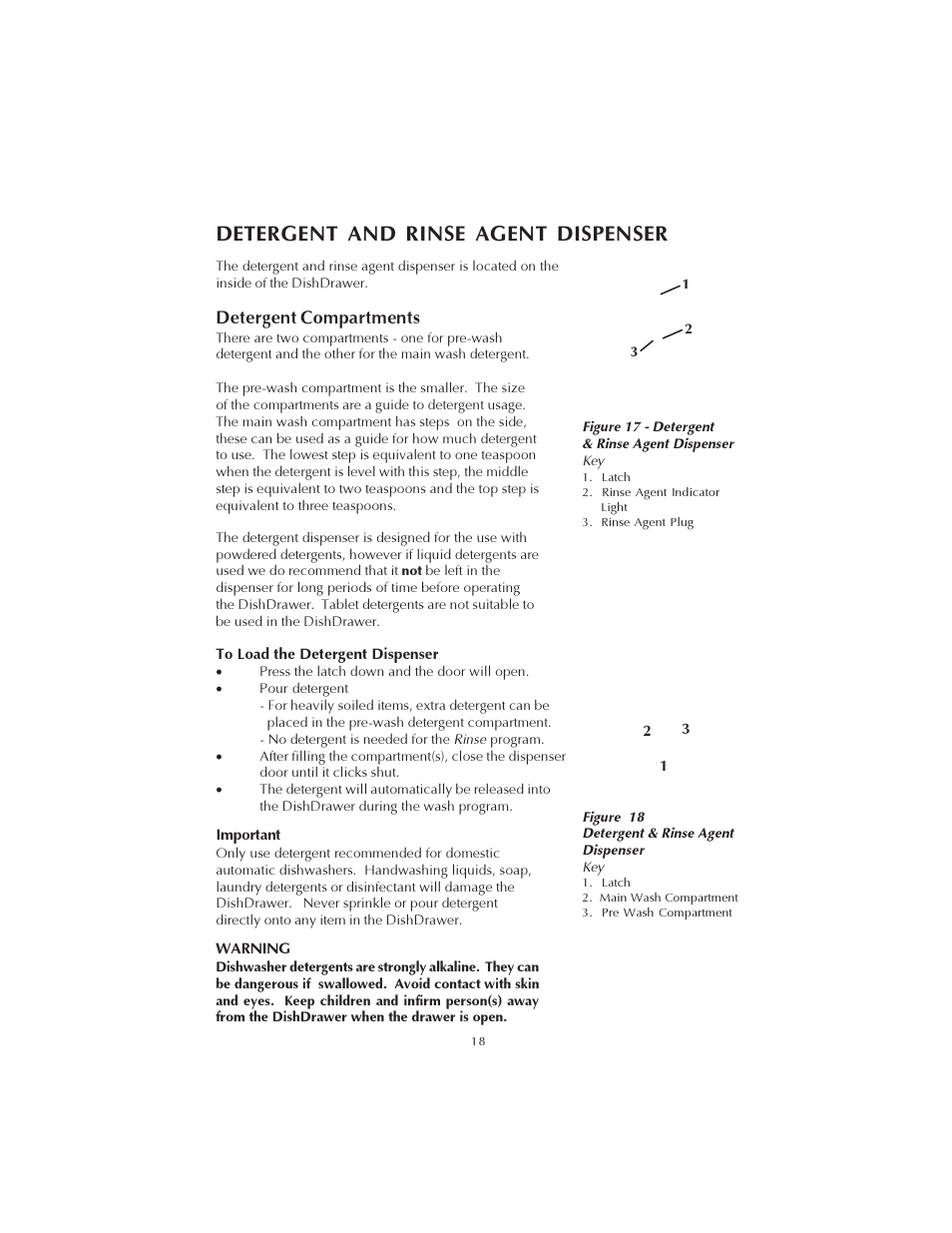 Detergent and rinse agent dispenser, Detergent compartments | Fisher & Paykel DS602 User Manual | Page 19 / 37