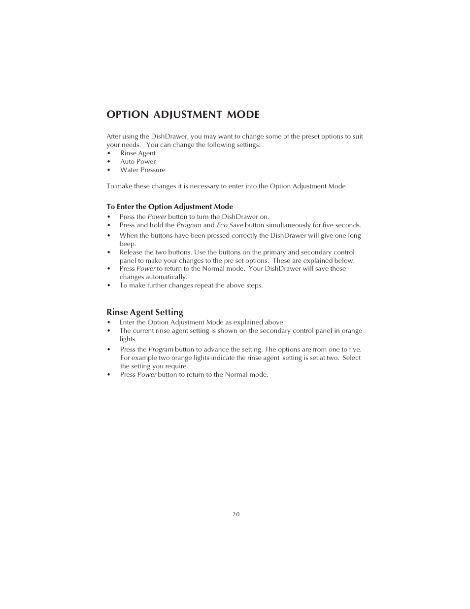 Option adjustment mode, Rinse agent setting | Fisher & Paykel DS602 User Manual | Page 21 / 37