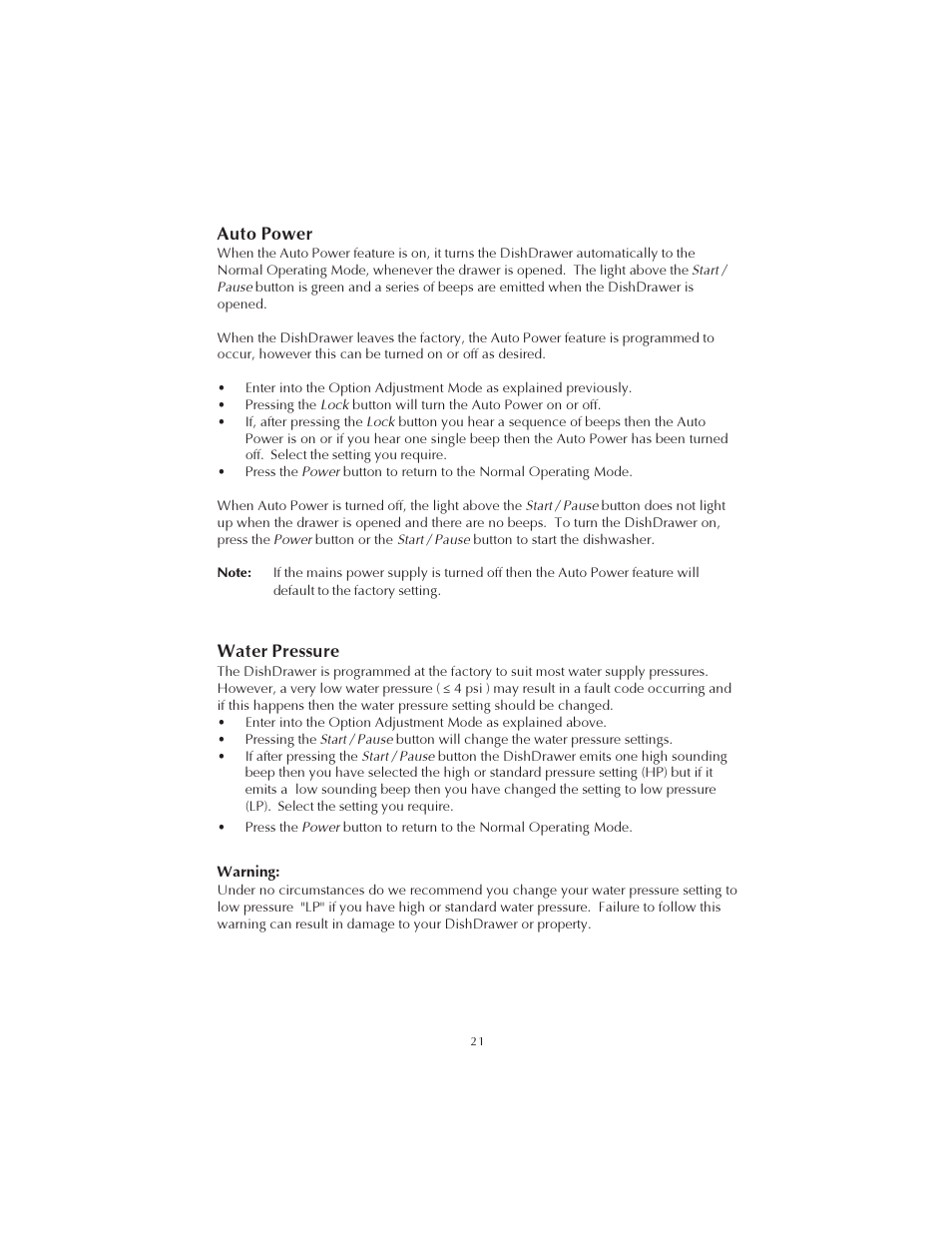Auto power, Water pressure | Fisher & Paykel DS602 User Manual | Page 22 / 37