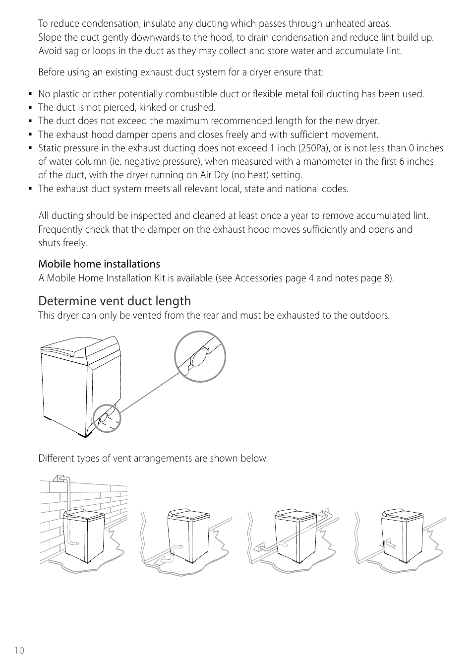 Determine vent duct length, Mobile home installations | Fisher & Paykel Smartload DGGX1US User Manual | Page 10 / 24
