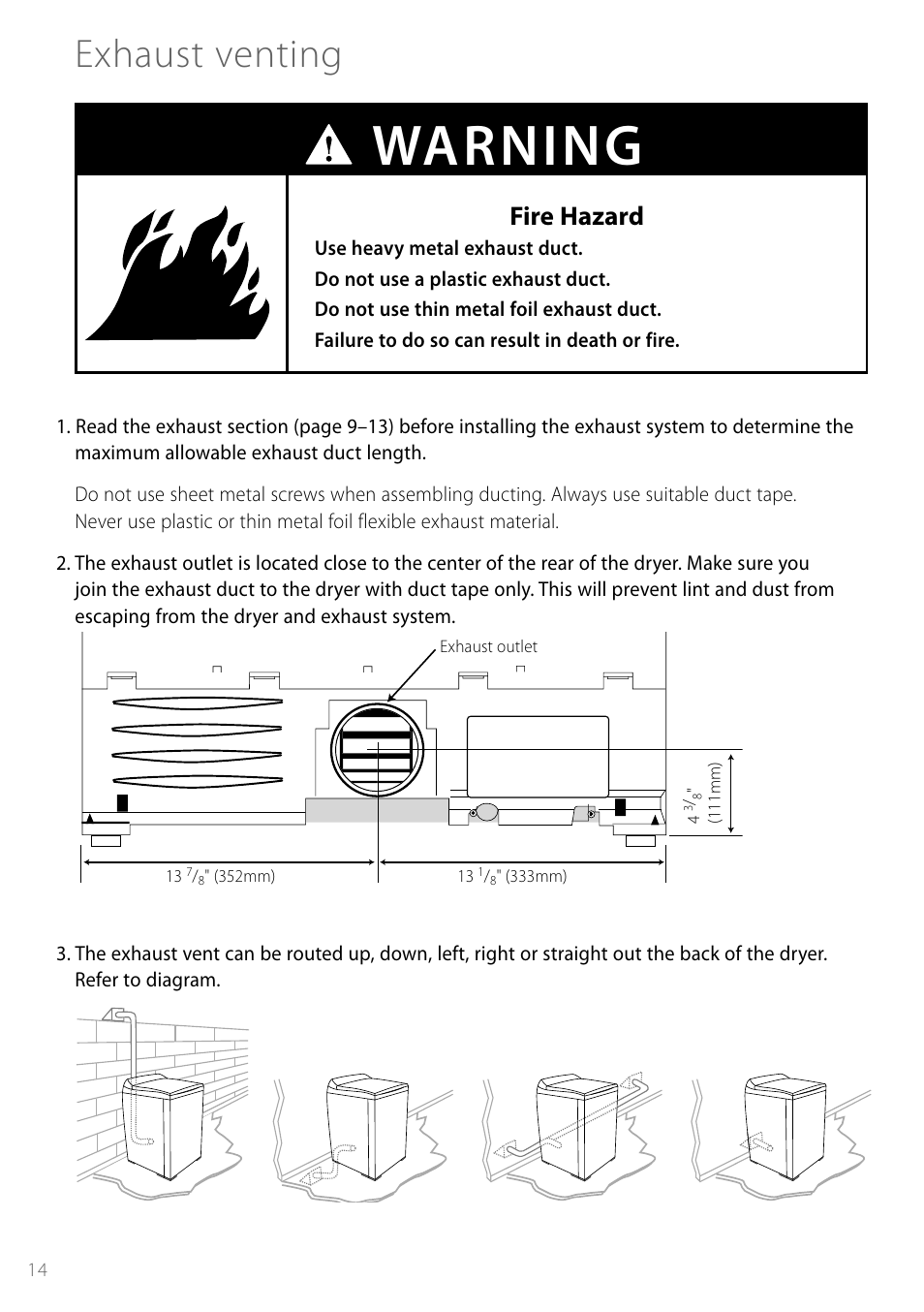 Warning, Exhaust venting, Fire hazard | Fisher & Paykel Smartload DGGX1US User Manual | Page 14 / 24