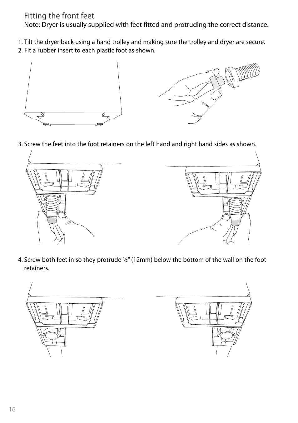 Fitting the front feet | Fisher & Paykel Smartload DGGX1US User Manual | Page 16 / 24