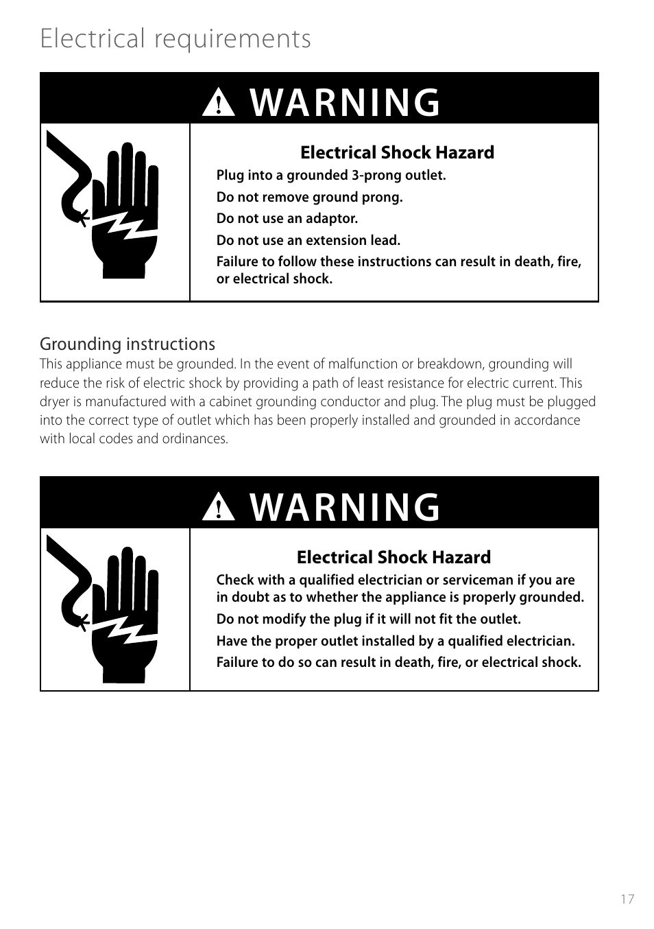 Warning, Electrical requirements | Fisher & Paykel Smartload DGGX1US User Manual | Page 17 / 24