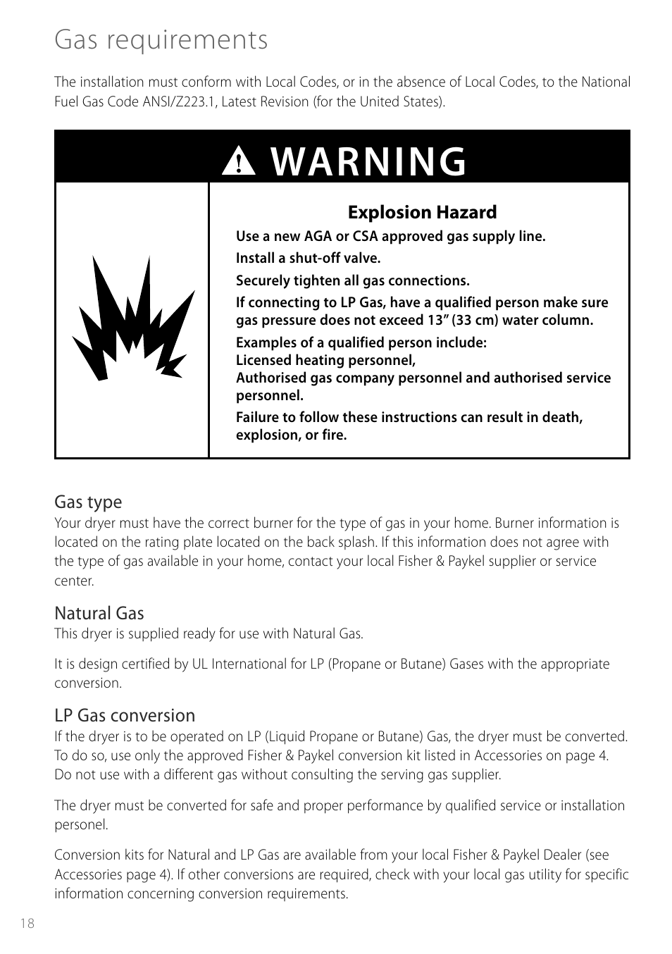 Warning, Gas requirements | Fisher & Paykel Smartload DGGX1US User Manual | Page 18 / 24