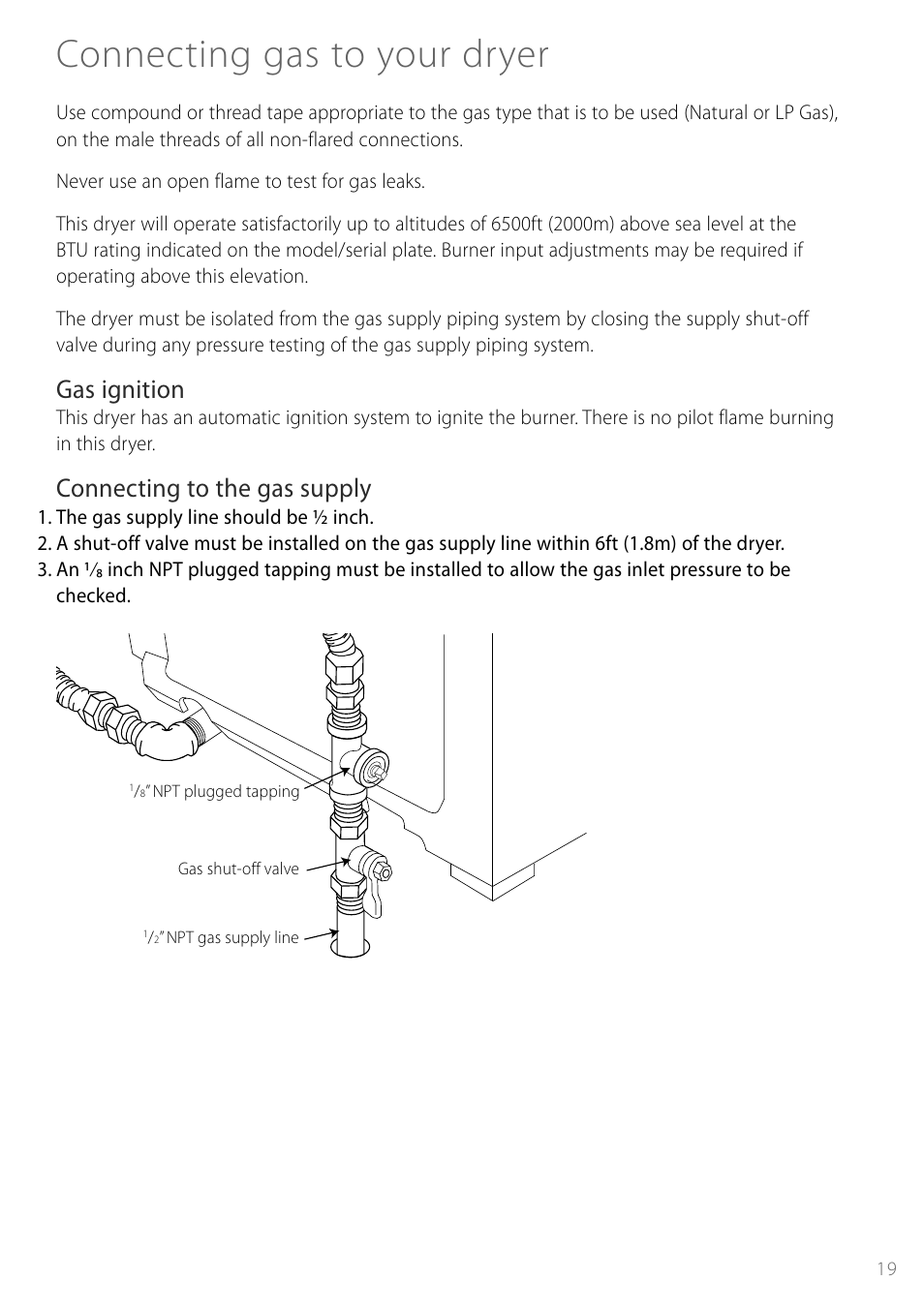 Connecting gas to your dryer, Gas ignition, Connecting to the gas supply | Fisher & Paykel Smartload DGGX1US User Manual | Page 19 / 24
