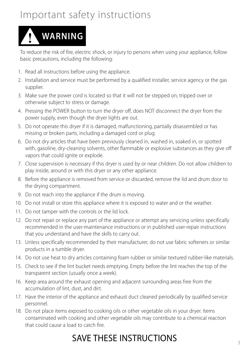 Important safety instructions, Save these instructions, Warning | Fisher & Paykel Smartload DGGX1US User Manual | Page 3 / 24