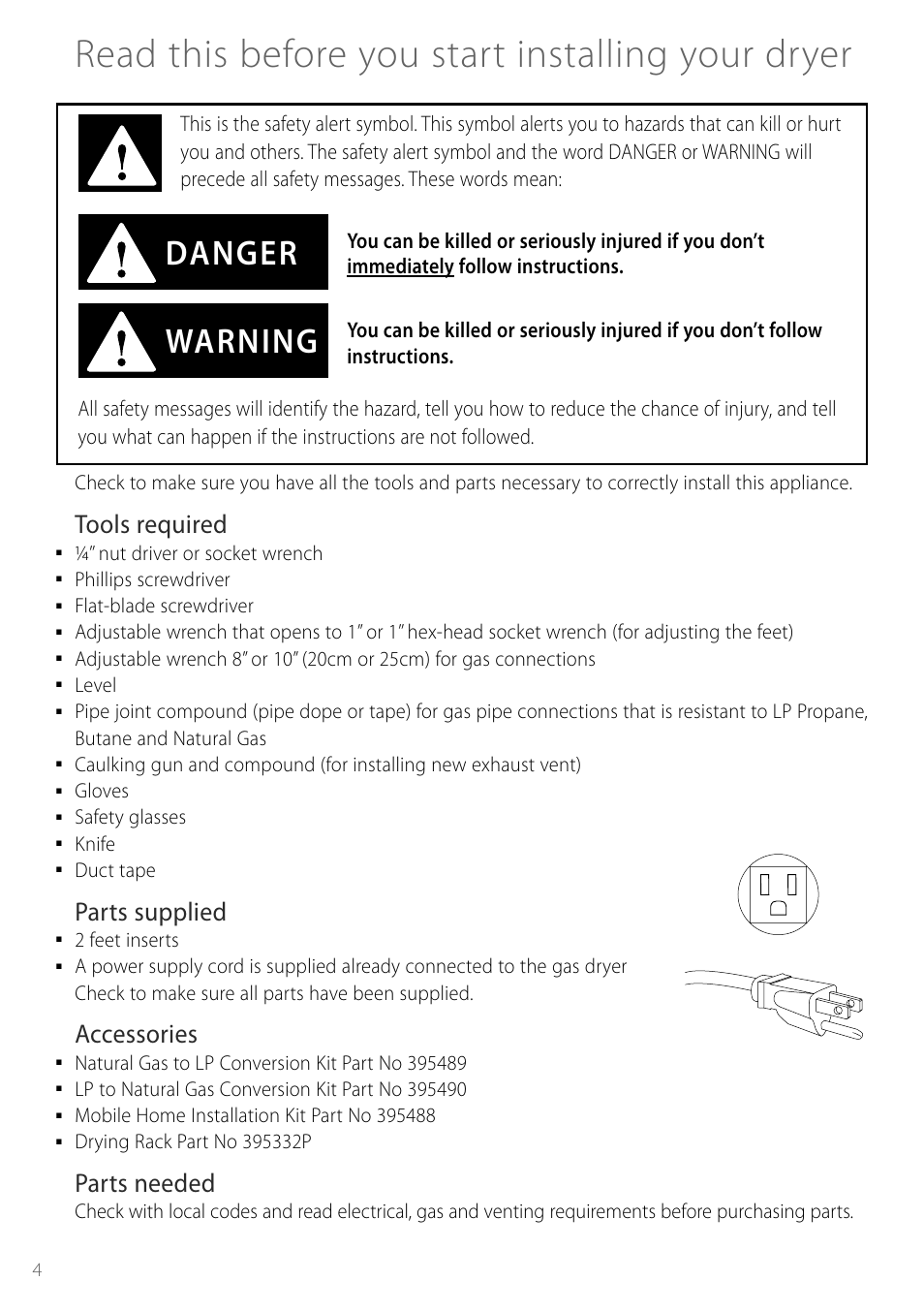 Read this before you start installing your dryer, Warning danger, Tools required | Parts supplied, Accessories, Parts needed | Fisher & Paykel Smartload DGGX1US User Manual | Page 4 / 24
