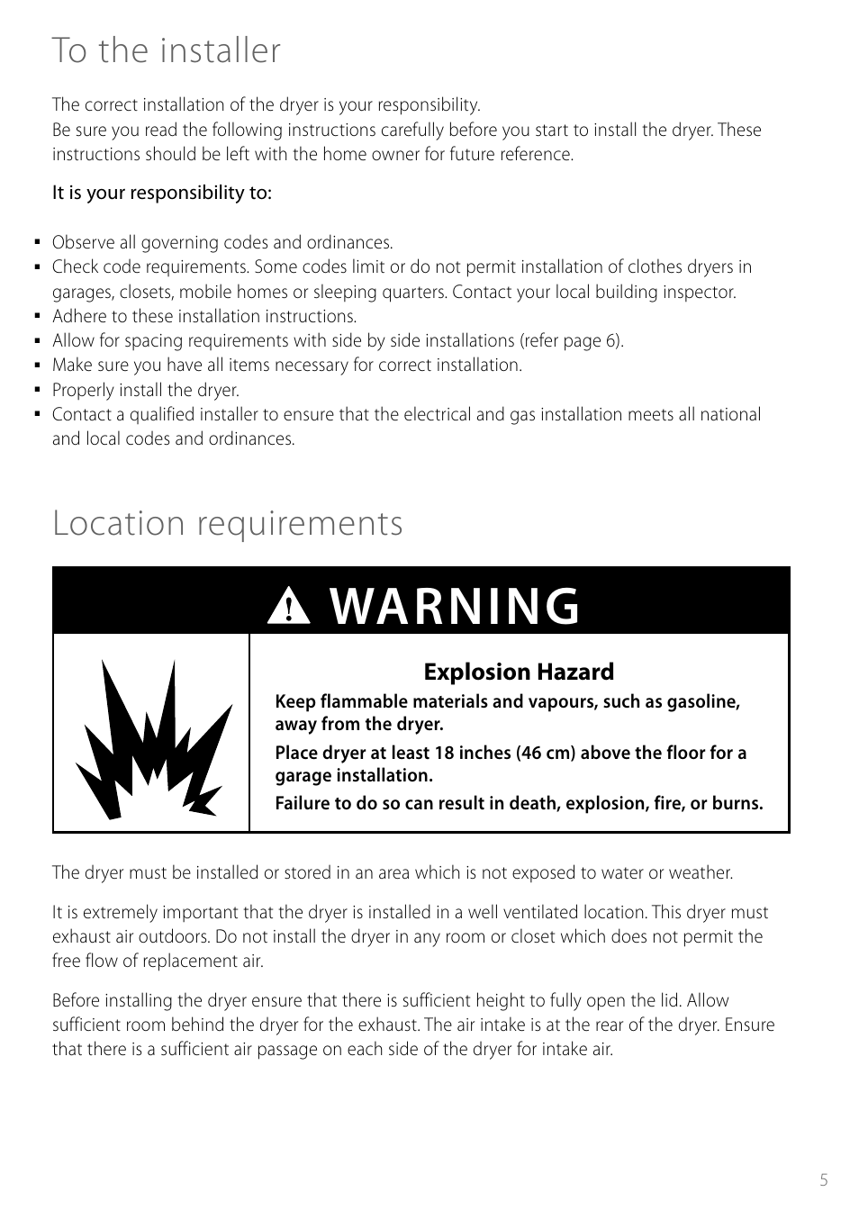 Warning, Location requirements, Explosion hazard | Fisher & Paykel Smartload DGGX1US User Manual | Page 5 / 24