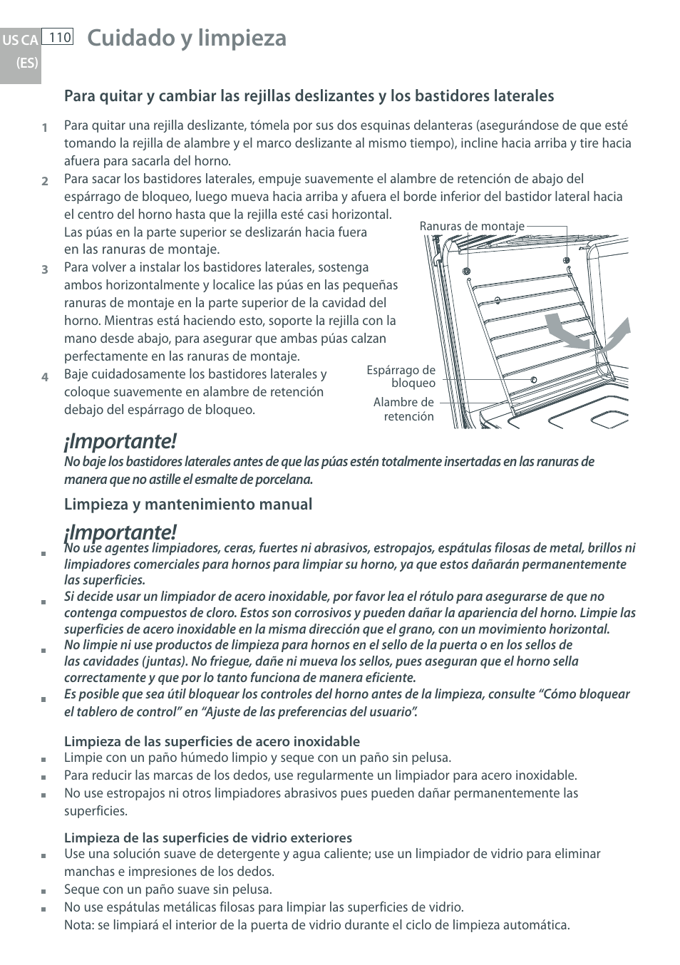 Cuidado y limpieza, Importante | Fisher & Paykel OB30 User Manual | Page 112 / 124