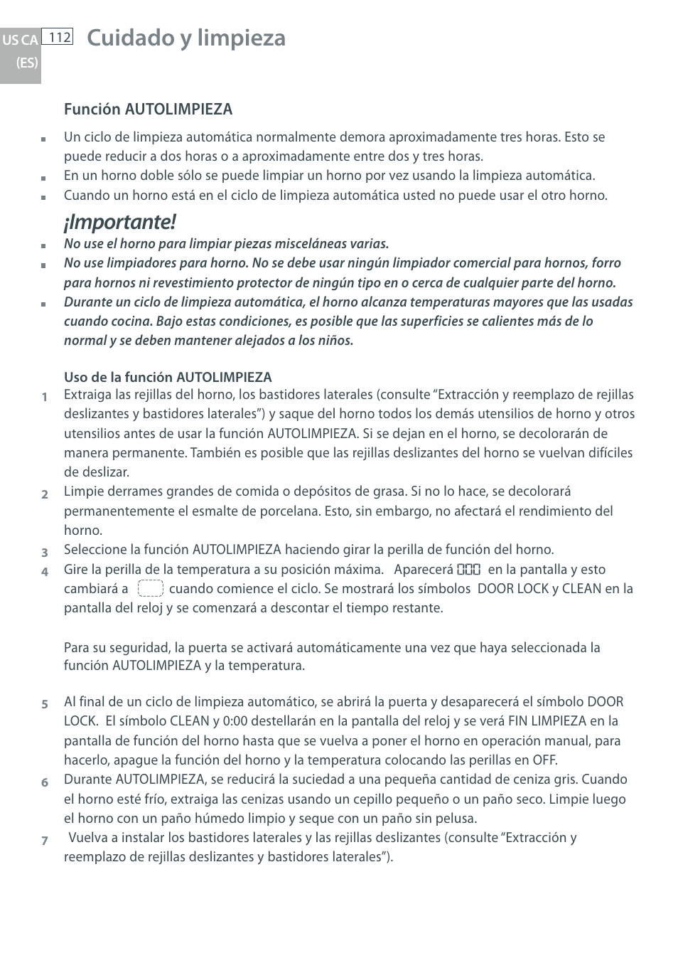 Cuidado y limpieza, Importante | Fisher & Paykel OB30 User Manual | Page 114 / 124