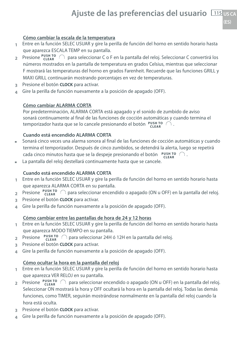 Ajuste de las preferencias del usuario | Fisher & Paykel OB30 User Manual | Page 117 / 124