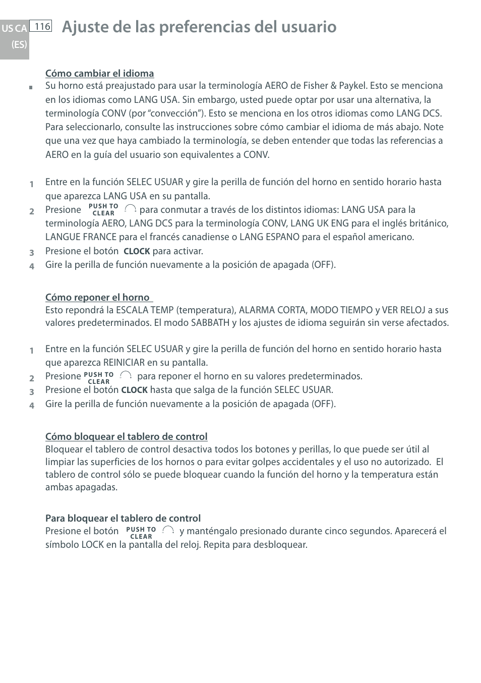 Ajuste de las preferencias del usuario | Fisher & Paykel OB30 User Manual | Page 118 / 124