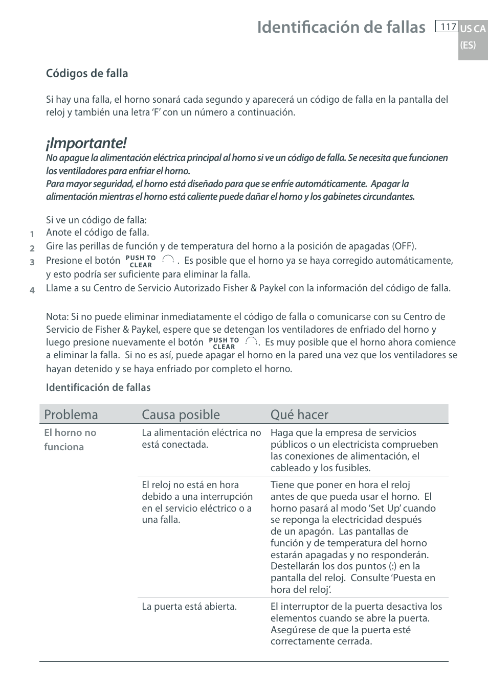 Identifi cación de fallas, Importante, Problema causa posible qué hacer | Fisher & Paykel OB30 User Manual | Page 119 / 124