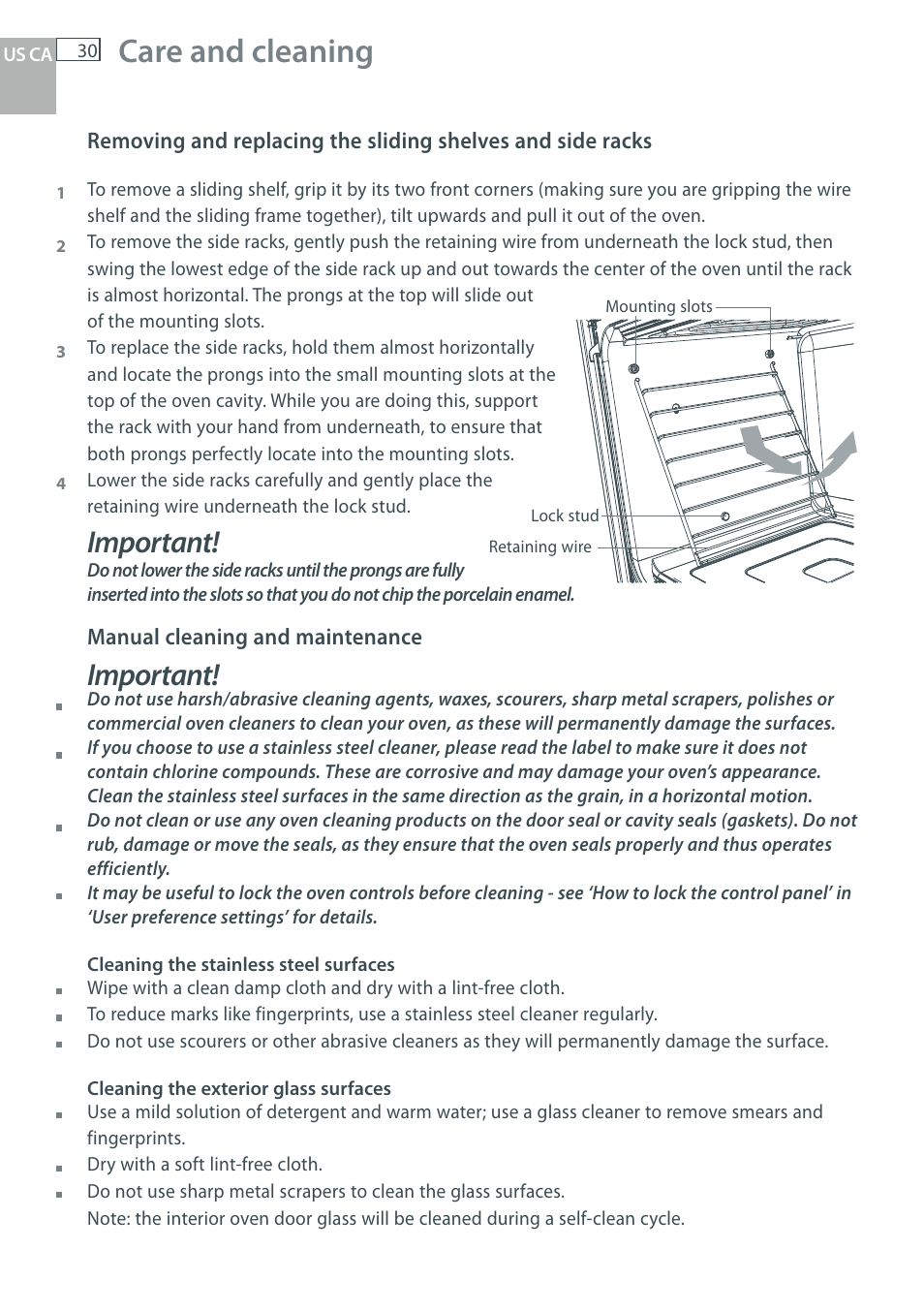 Care and cleaning, Important | Fisher & Paykel OB30 User Manual | Page 32 / 124