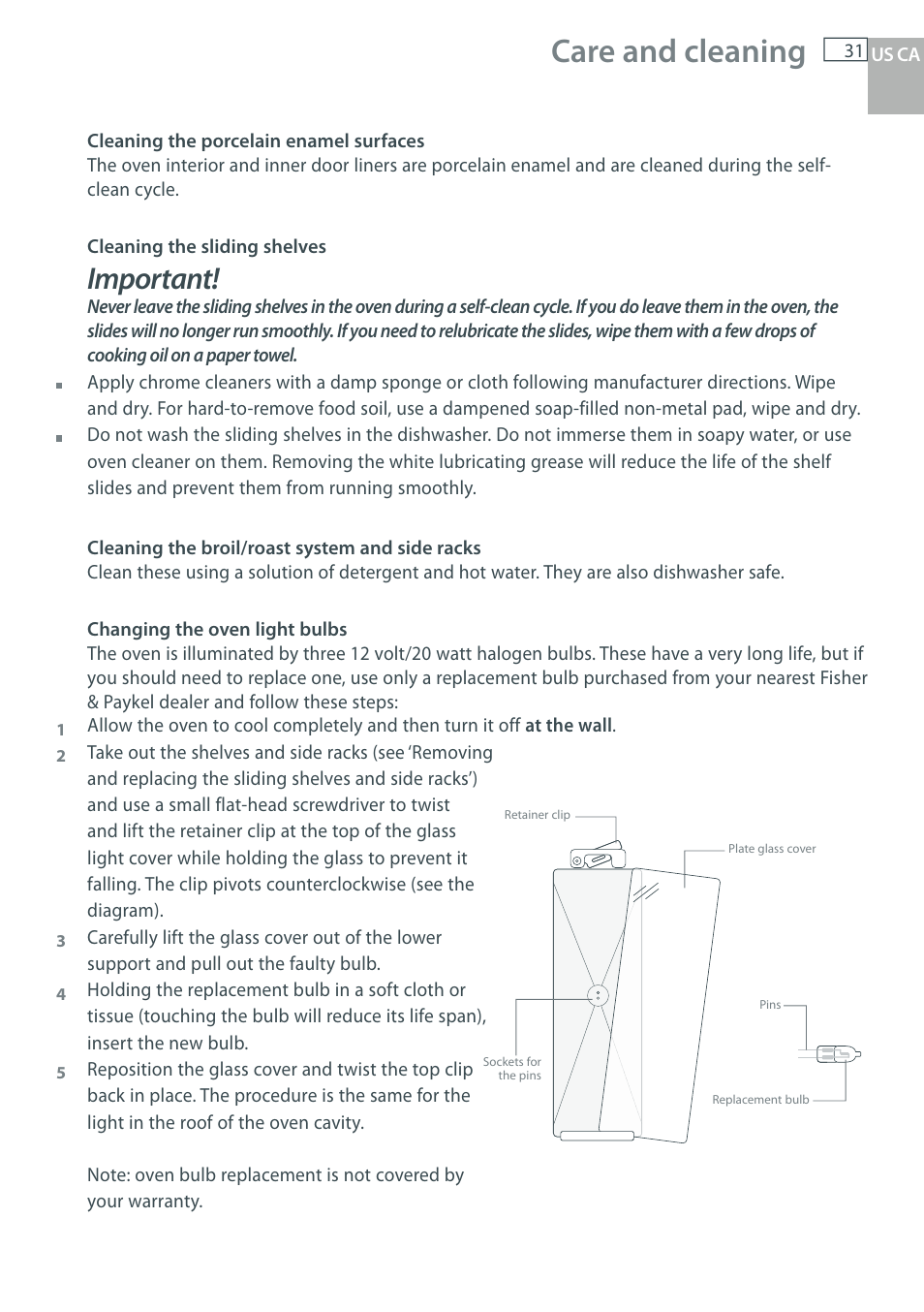 Care and cleaning, Important | Fisher & Paykel OB30 User Manual | Page 33 / 124