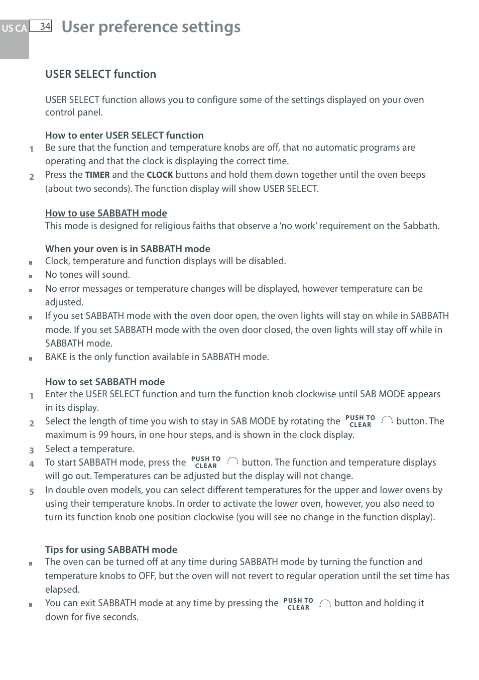 User preference settings, User select function | Fisher & Paykel OB30 User Manual | Page 36 / 124