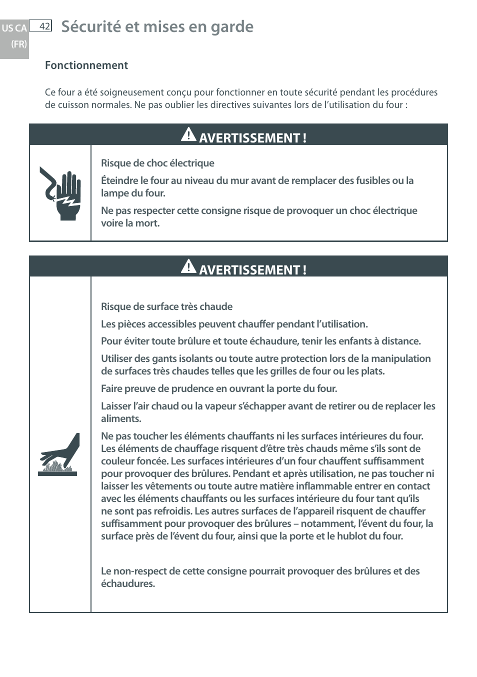 Sécurité et mises en garde, Avertissement | Fisher & Paykel OB30 User Manual | Page 44 / 124