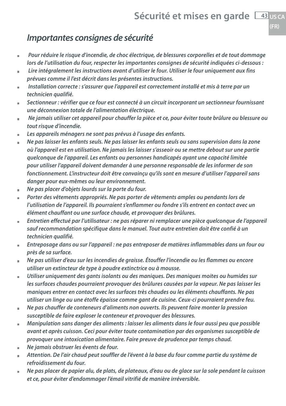 Sécurité et mises en garde, Importantes consignes de sécurité | Fisher & Paykel OB30 User Manual | Page 45 / 124