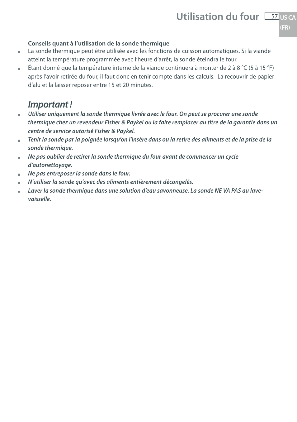 Utilisation du four, Important | Fisher & Paykel OB30 User Manual | Page 59 / 124