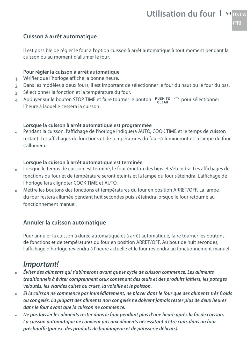 Utilisation du four, Important | Fisher & Paykel OB30 User Manual | Page 61 / 124