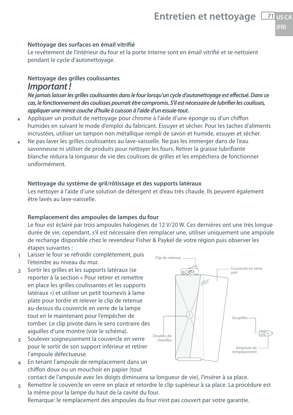 Entretien et nettoyage, Important | Fisher & Paykel OB30 User Manual | Page 73 / 124