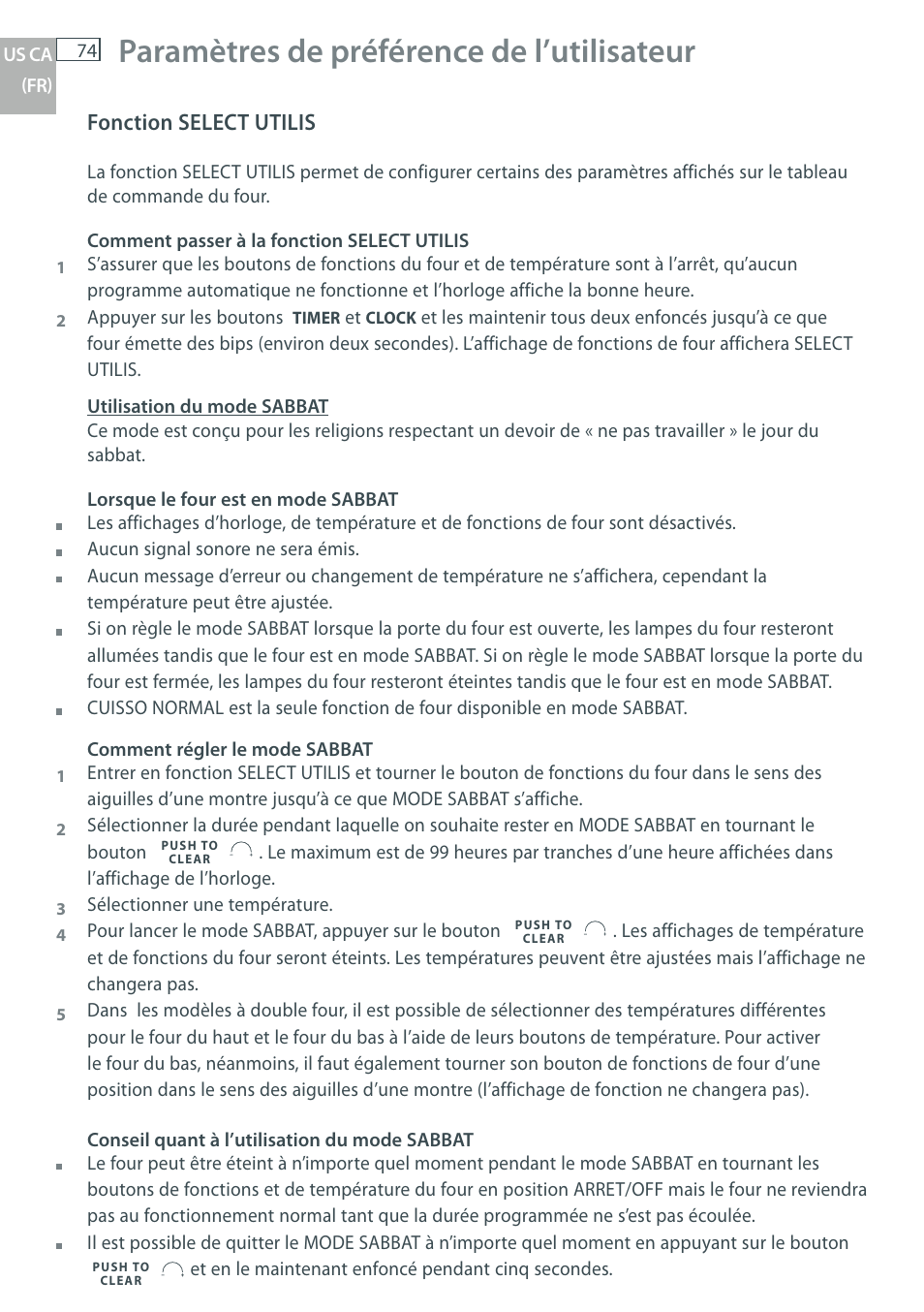 Paramètres de préférence de l’utilisateur, Fonction select utilis | Fisher & Paykel OB30 User Manual | Page 76 / 124