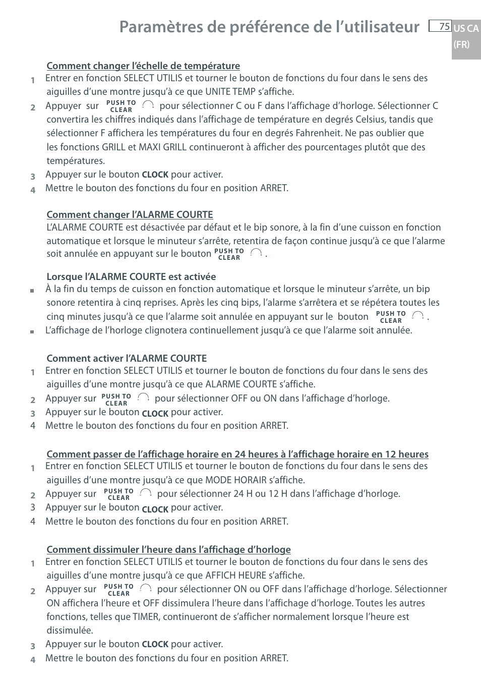 Paramètres de préférence de l’utilisateur | Fisher & Paykel OB30 User Manual | Page 77 / 124