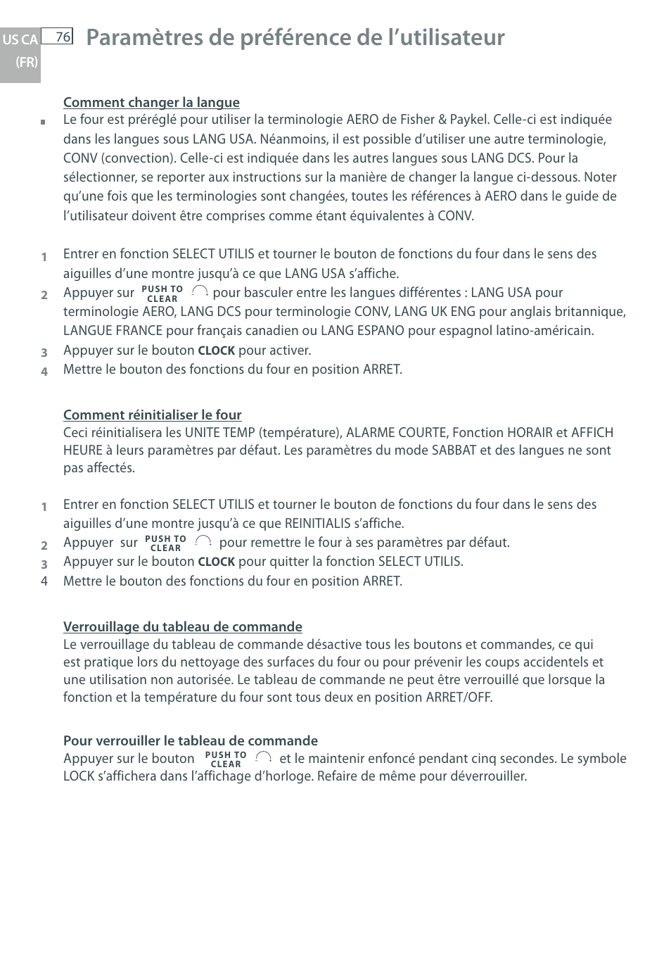 Paramètres de préférence de l’utilisateur | Fisher & Paykel OB30 User Manual | Page 78 / 124