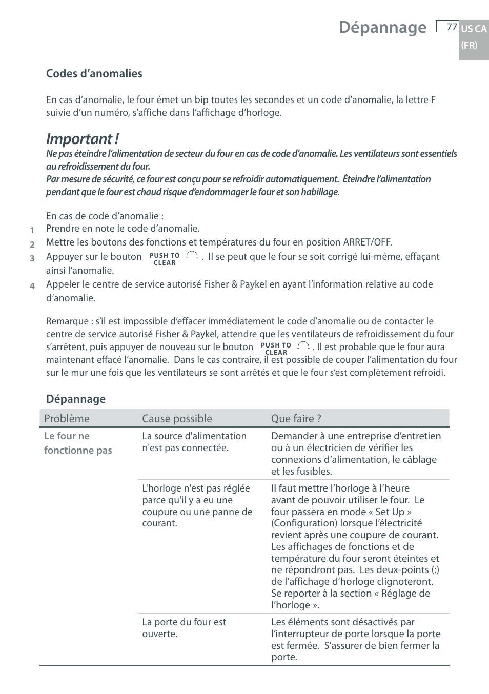 Dépannage, Important | Fisher & Paykel OB30 User Manual | Page 79 / 124