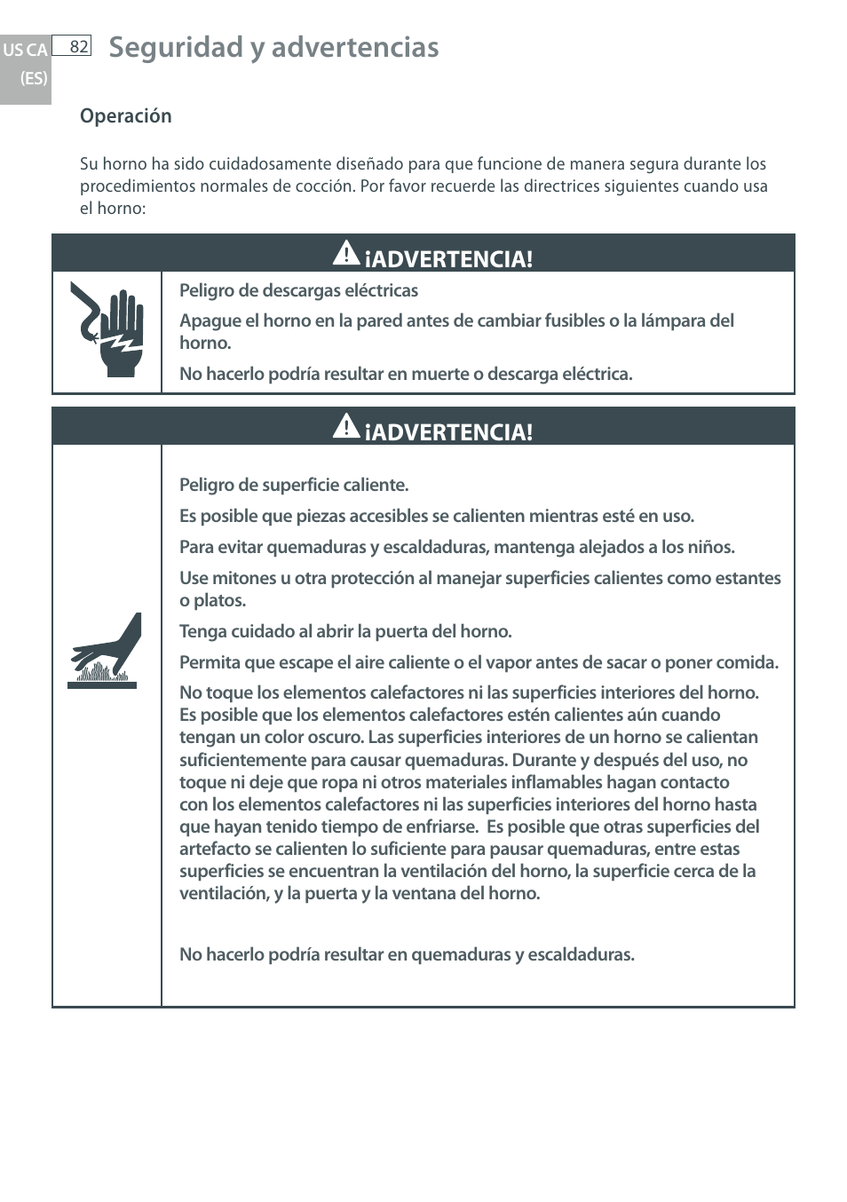 Seguridad y advertencias, Advertencia | Fisher & Paykel OB30 User Manual | Page 84 / 124