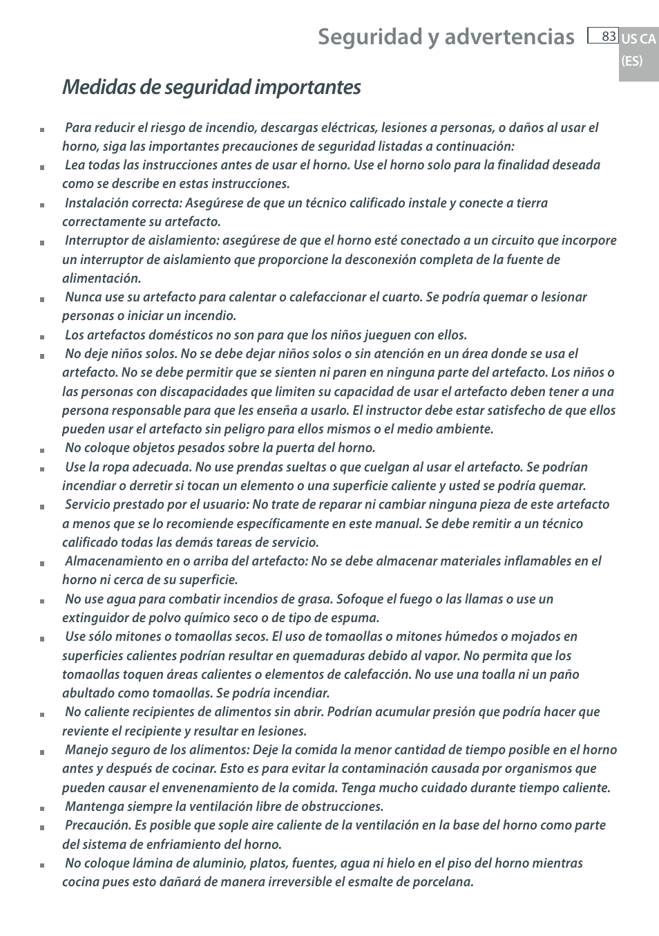 Seguridad y advertencias, Medidas de seguridad importantes | Fisher & Paykel OB30 User Manual | Page 85 / 124