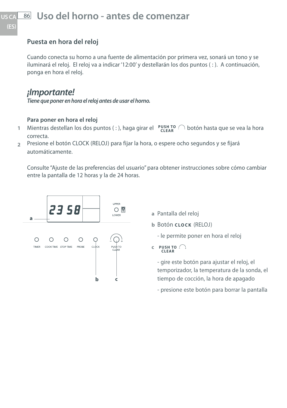 Uso del horno - antes de comenzar, Importante, Puesta en hora del reloj | Fisher & Paykel OB30 User Manual | Page 88 / 124