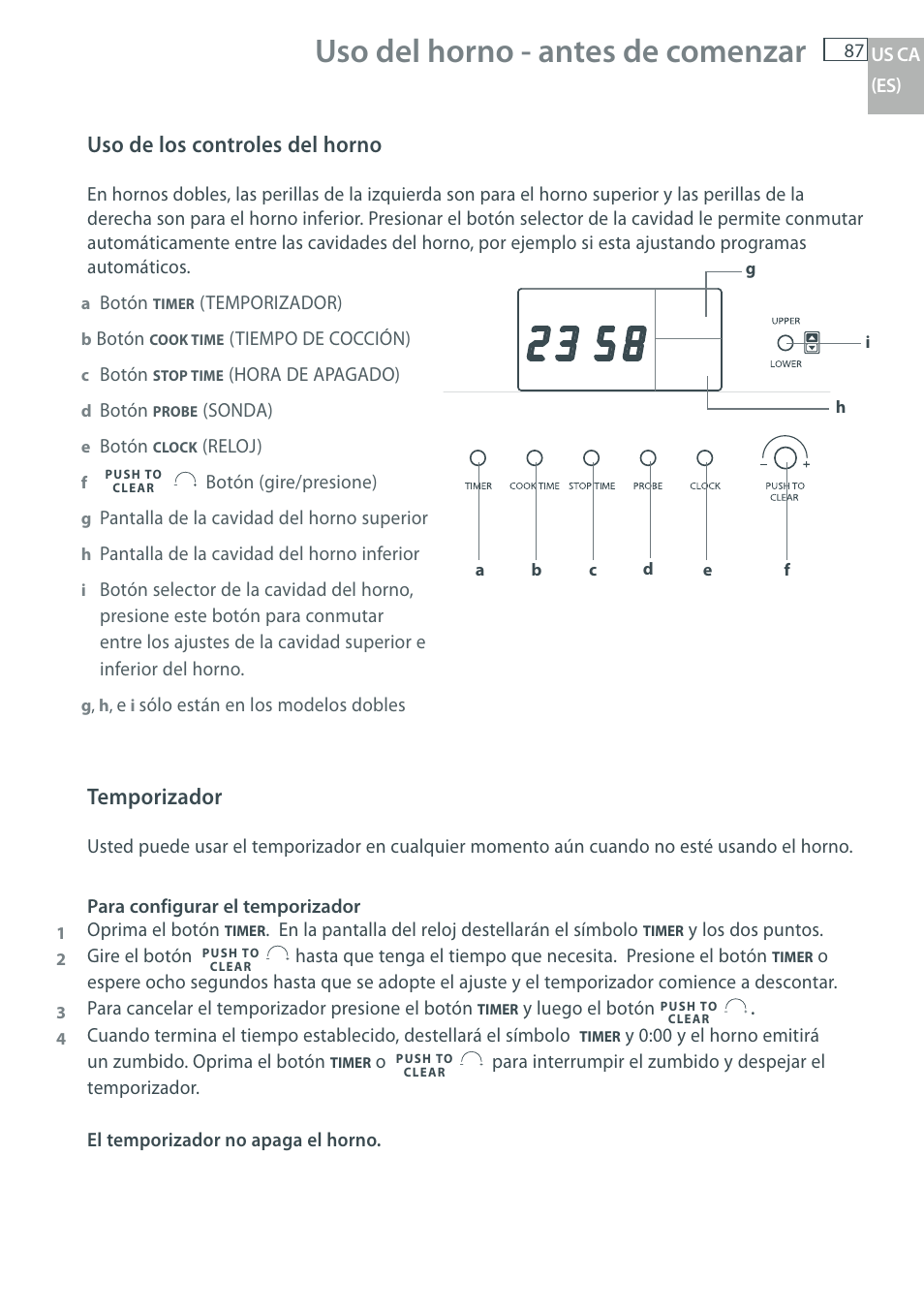Uso del horno - antes de comenzar, Uso de los controles del horno, Temporizador | Fisher & Paykel OB30 User Manual | Page 89 / 124