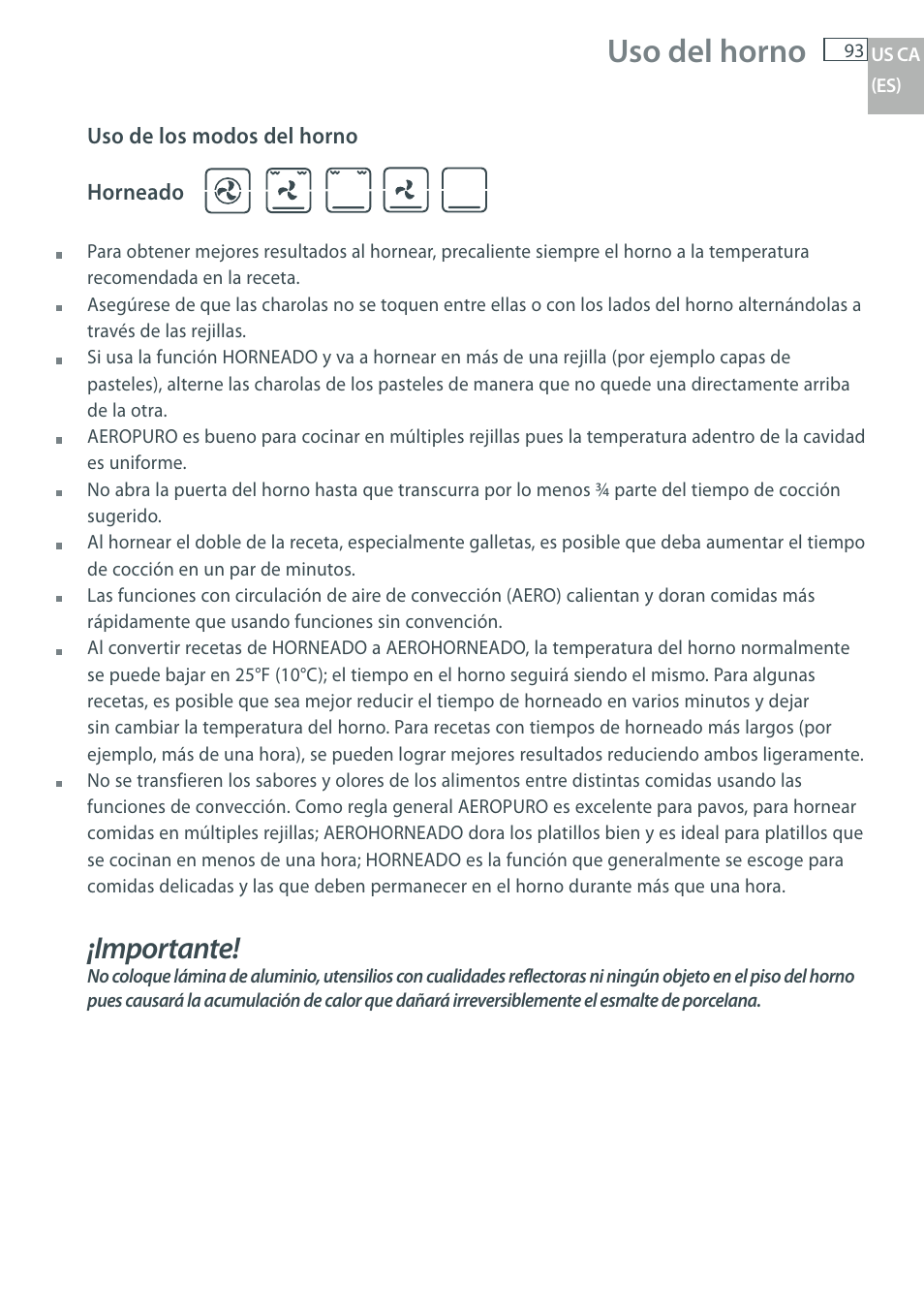 Uso del horno, Importante | Fisher & Paykel OB30 User Manual | Page 95 / 124