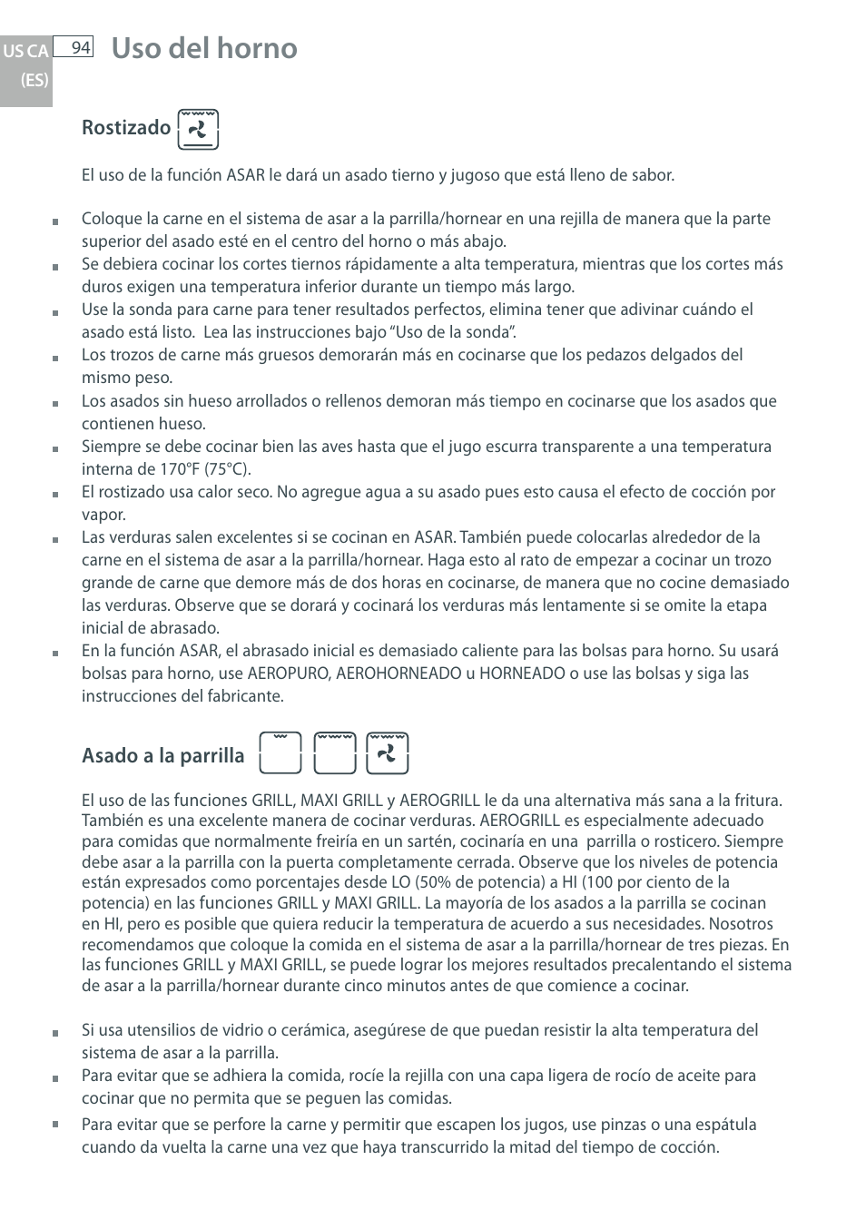 Uso del horno | Fisher & Paykel OB30 User Manual | Page 96 / 124