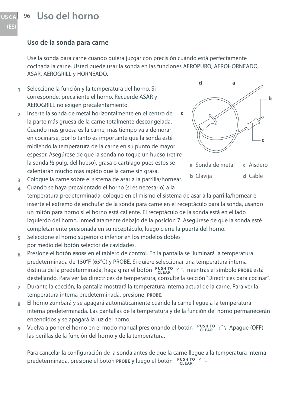 Uso del horno, Uso de la sonda para carne | Fisher & Paykel OB30 User Manual | Page 98 / 124