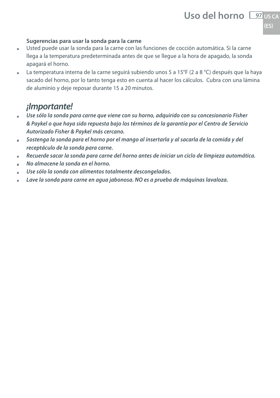 Uso del horno, Importante | Fisher & Paykel OB30 User Manual | Page 99 / 124