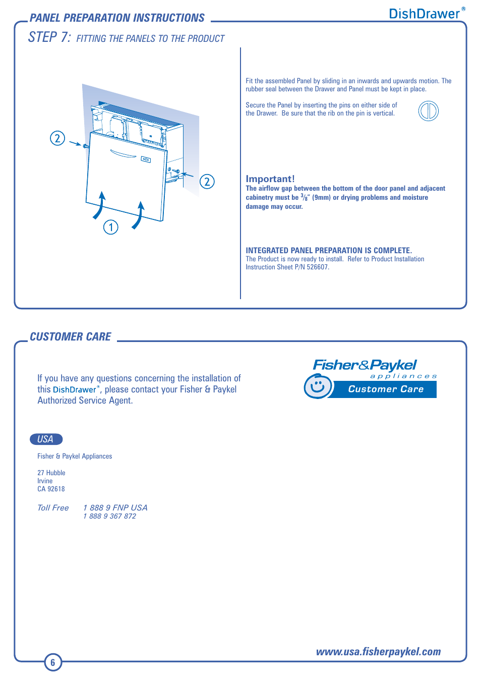 Step 7, Panel preparation instructions | Fisher & Paykel DISHDRAWER DD603I User Manual | Page 12 / 12