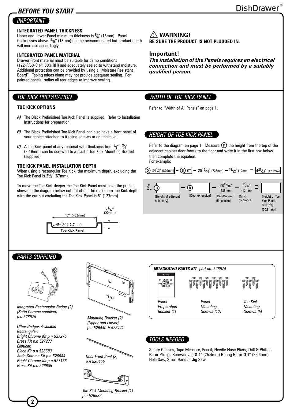 Before you start, Parts supplied, Tools needed | Important, Toe kick preparation, Width of toe kick panel, Height of toe kick panel, Important warning | Fisher & Paykel DISHDRAWER DD603I User Manual | Page 2 / 12