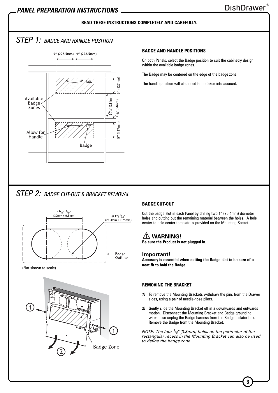 Step 1, Step 2, Panel preparation instructions | Fisher & Paykel DISHDRAWER DD603I User Manual | Page 3 / 12