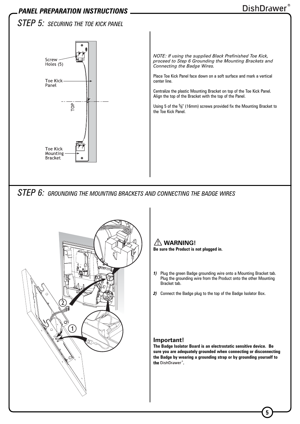 Step 5, Step 6, Panel preparation instructions | Securing the toe kick panel, Important | Fisher & Paykel DISHDRAWER DD603I User Manual | Page 5 / 12