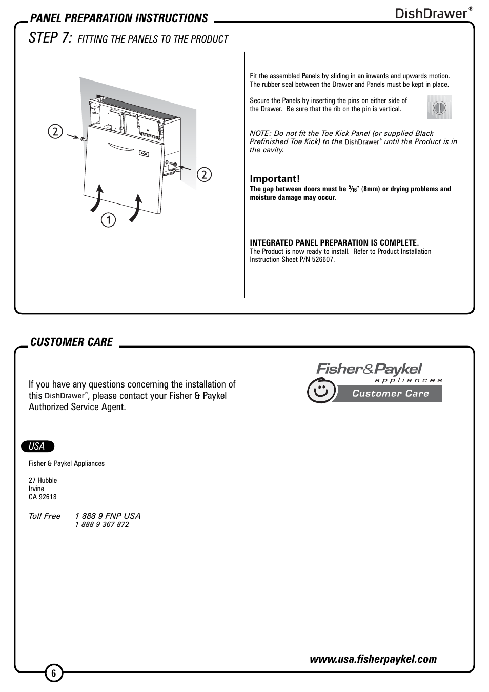 Step 7, Panel preparation instructions, Customer care | Fitting the panels to the product 6, Important | Fisher & Paykel DISHDRAWER DD603I User Manual | Page 6 / 12