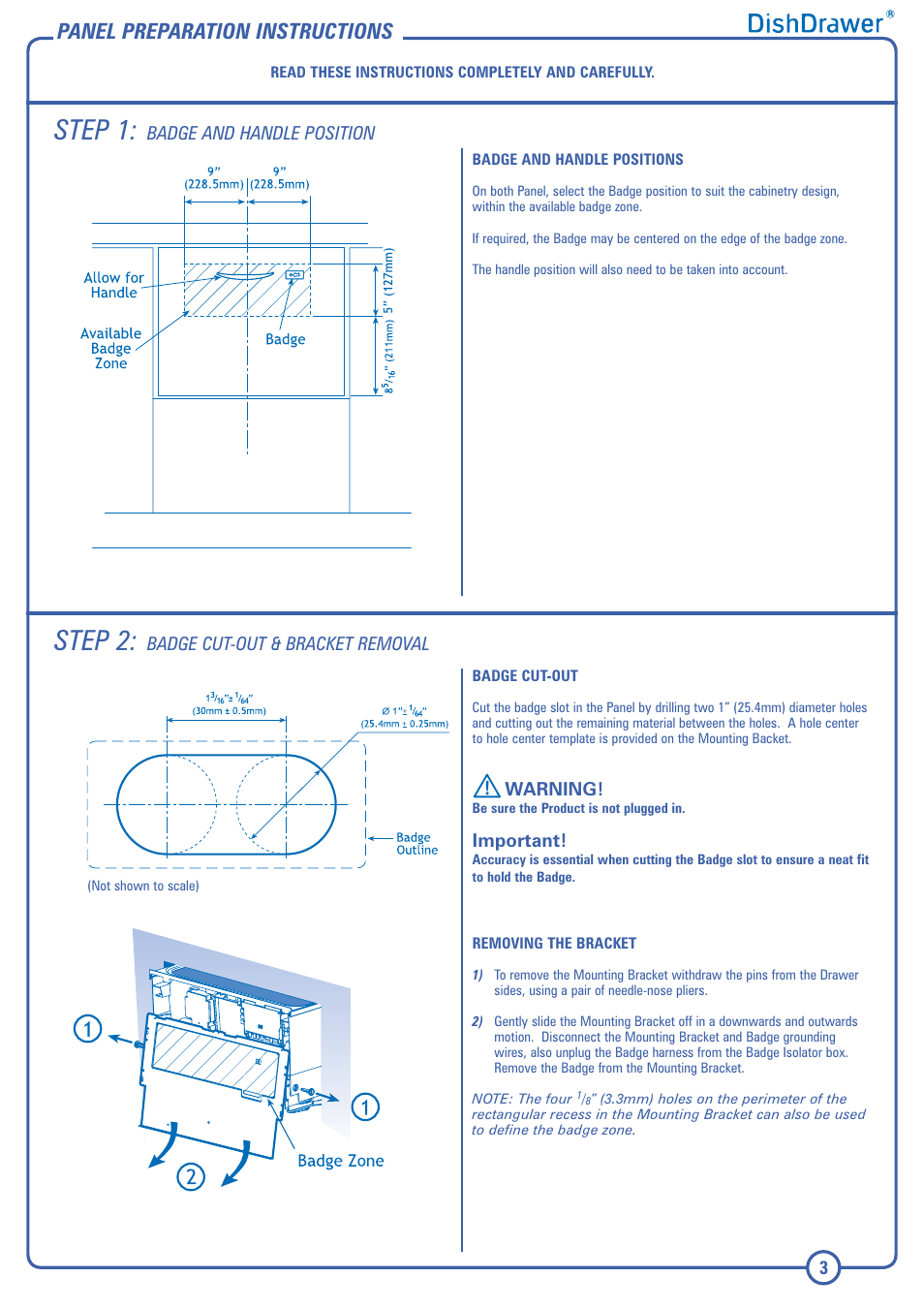 Step 1, Step 2, Panel preparation instructions | Fisher & Paykel DISHDRAWER DD603I User Manual | Page 9 / 12