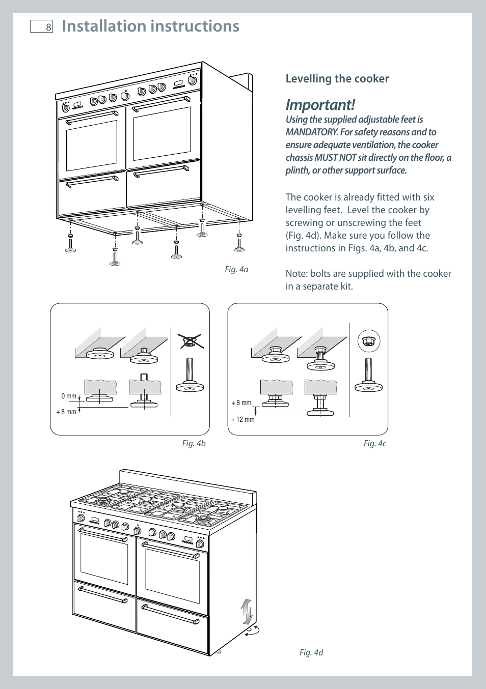 Installation instructions, Important | Fisher & Paykel FREESTANDING COOKER OR120 User Manual | Page 10 / 48