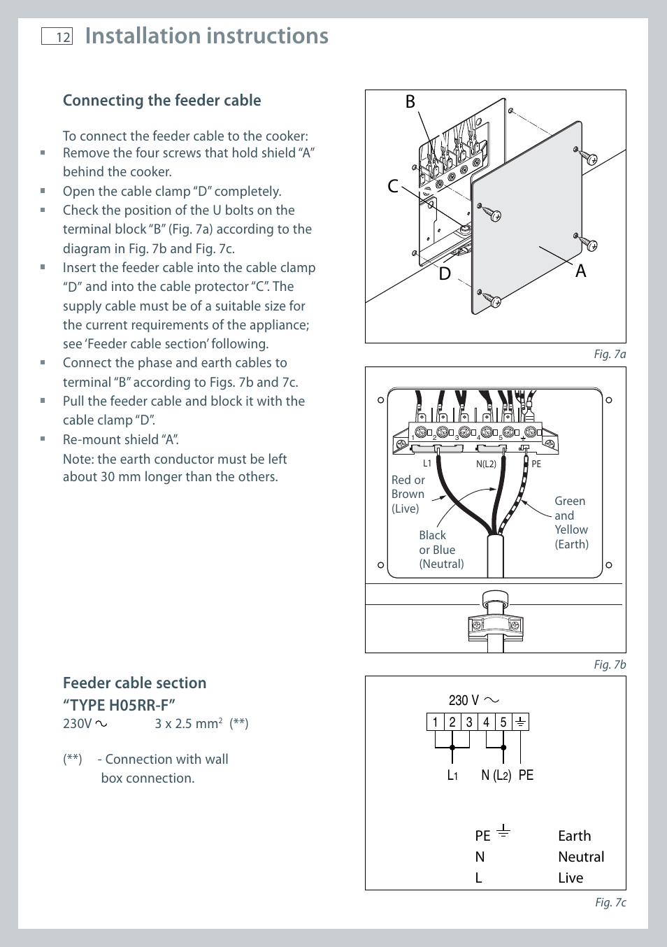 Installation instructions, Cd a b, Connecting the feeder cable | Fisher & Paykel FREESTANDING COOKER OR120 User Manual | Page 14 / 48