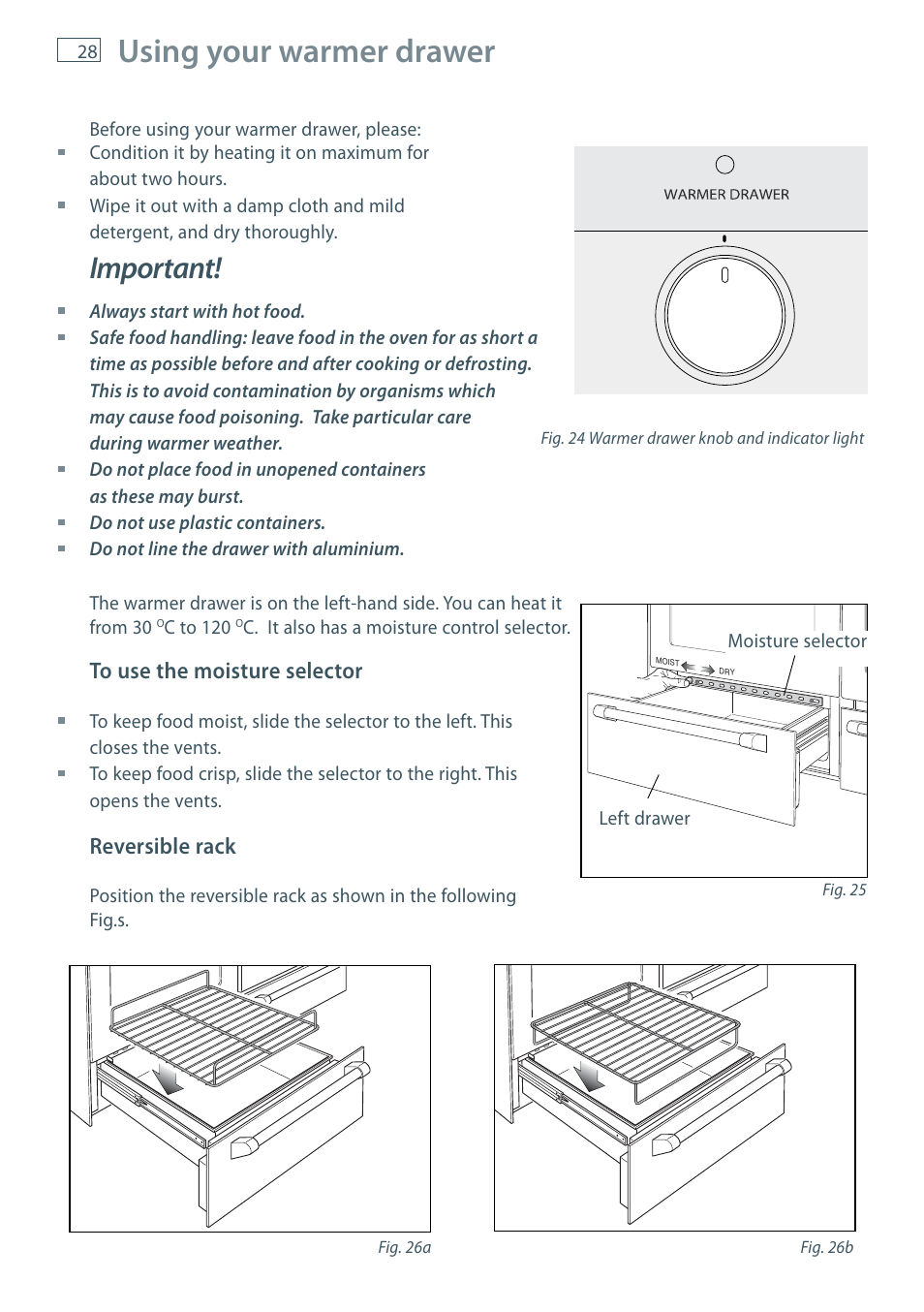 Using your warmer drawer, Important | Fisher & Paykel FREESTANDING COOKER OR120 User Manual | Page 30 / 48