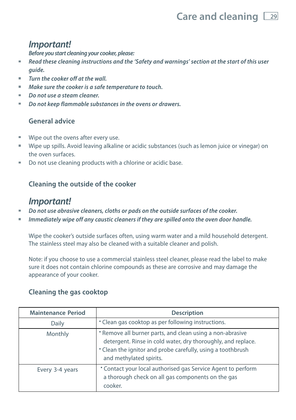 Care and cleaning, Important | Fisher & Paykel FREESTANDING COOKER OR120 User Manual | Page 31 / 48