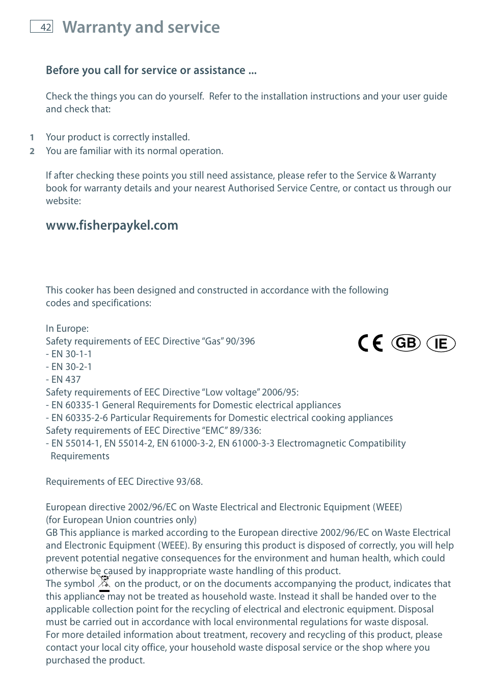 Warranty and service, Gb ie | Fisher & Paykel FREESTANDING COOKER OR120 User Manual | Page 44 / 48
